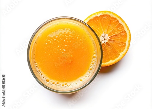Panoramic Orange Juice Photography: Freshly Squeezed, Top View, Isolated White Background