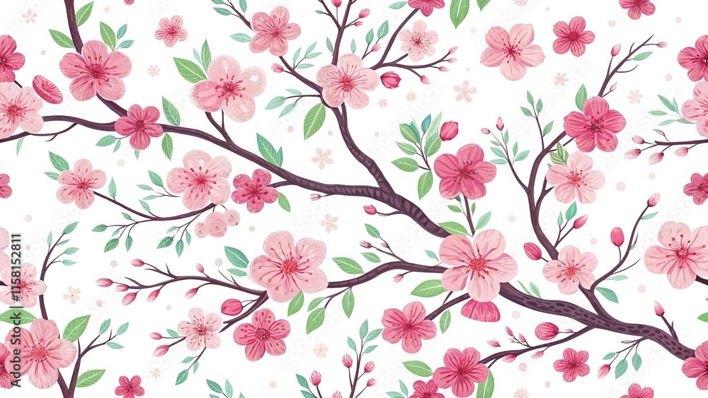 Seamless pattern with pink colorful flowers and branches, vibrant and decorative illustration. Seamless pattern with pink colorful flowers and branches, vibrant and decorative illustration.