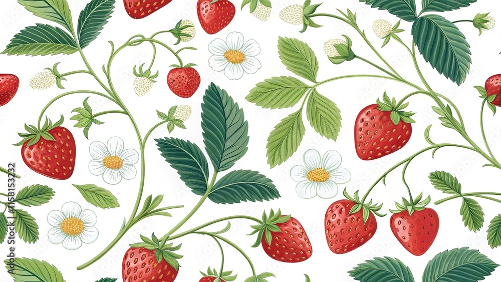Seamless pattern with strawberries and branches, vibrant and decorative illustration. Seamless pattern with strawberries and branches, vibrant and decorative illustration.