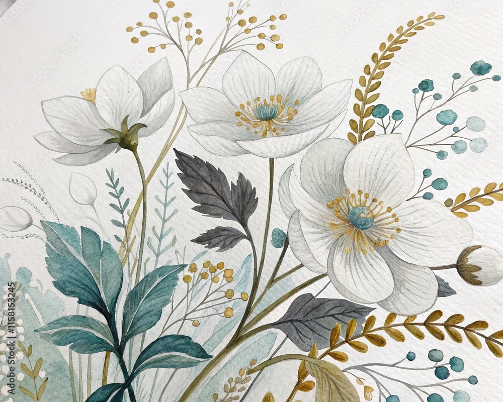 Fototapeta premium White flowers in light gray watercolor style, delicate art on a clean white background.