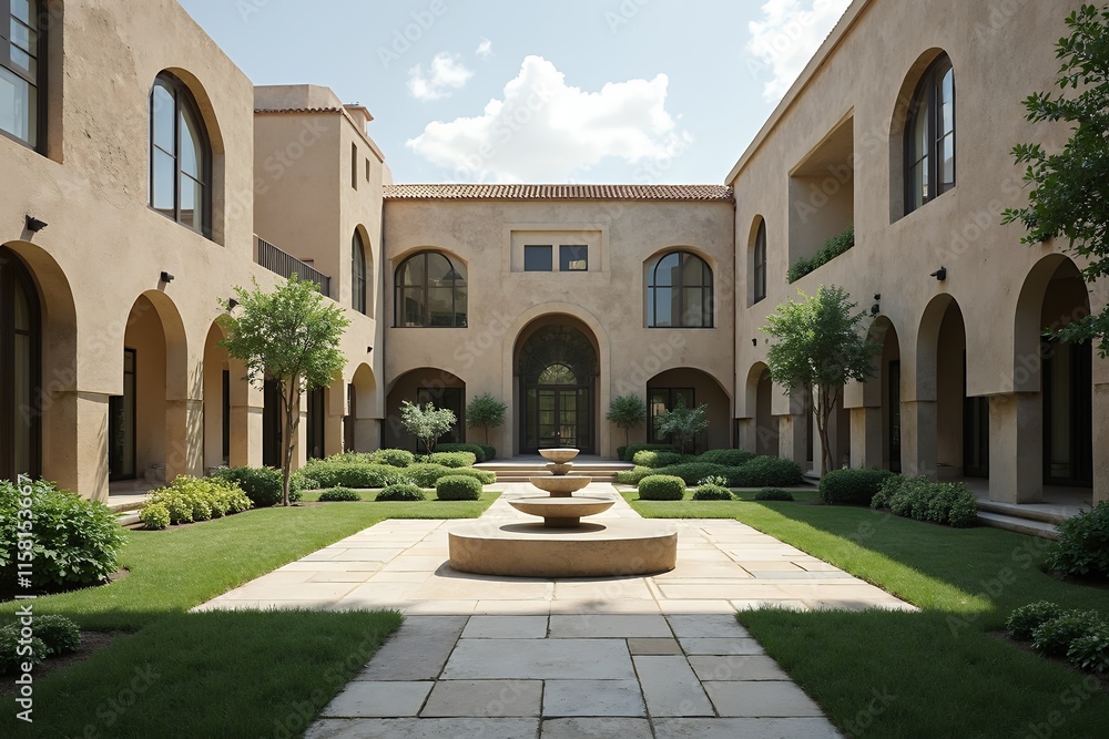 Fototapeta premium Elegant Courtyard with Fountain Surrounded by Lush Greenery