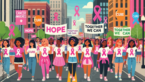 A multicultural parade in an urban setting, with participants wearing cancer awareness shirts and holding colorful banners with motivational messages like 'Hope,' 'Cure,' and 'Together We Can 