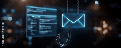 A digital illustration depicting a glowing email icon being hooked, symbolizing phishing and cyber threats in a technology-driven environment.