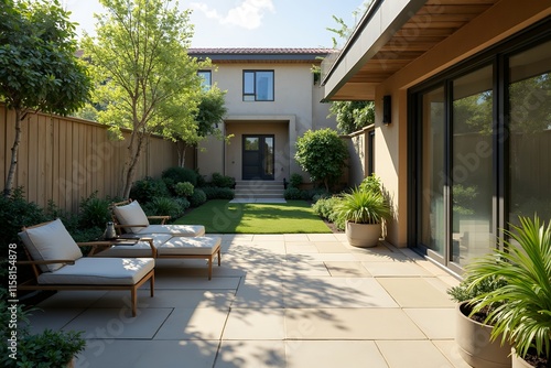 Modern Outdoor Patio with Sun Loungers and Lush Greenery