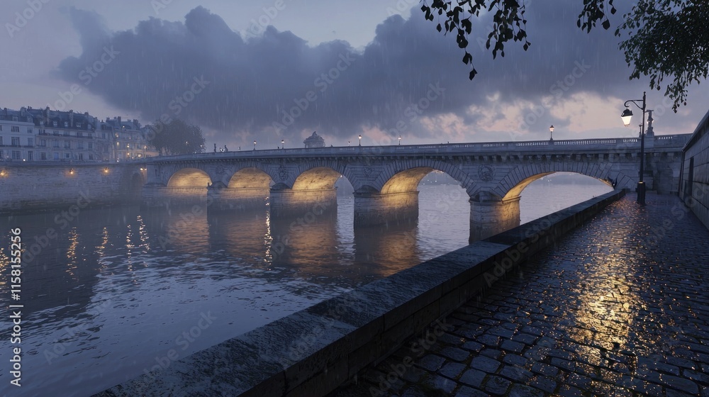 Obraz premium A serene riverside scene featuring a bridge under a cloudy, rainy sky at dusk.