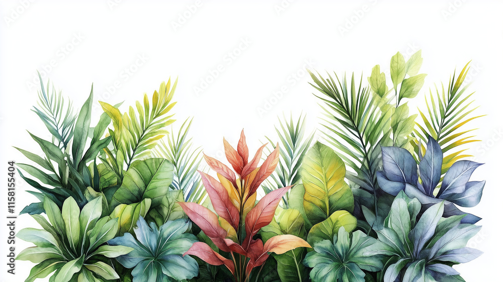 Fototapeta premium Tropical Rainforest Jungle Plants in Watercolor on White Background | monstera | Hibiscus | pothos | palm leaves