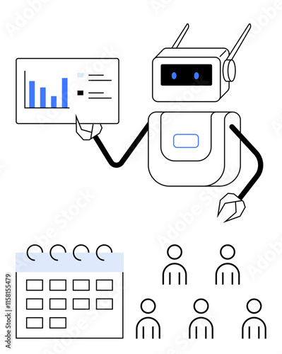 Robot pointing to data chart. Includes calendar and audience icons, emphasizing automation, technology, productivity, data analysis, scheduling, business, and presentations. Ideal for tech