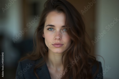 Serene Young Woman with Long Brown Hair in Business Attire