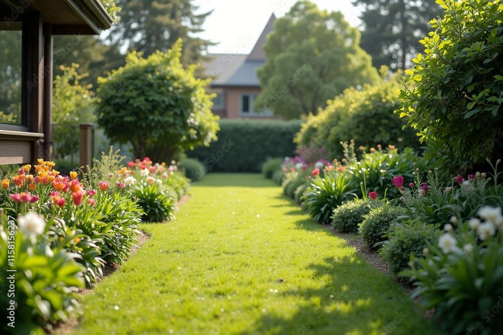 Fototapeta premium Lush Garden Pathway with Colorful Flowers in Bright Sunlight
