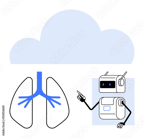 Robot with mechanical arm gestures towards stylized human lungs with blue airway system, set below grey cloud. Ideal for healthcare, AI, robotics, medical advancements, respiratory health, cloud