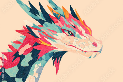 Colorful dragon illustration with bold crimson and pastel highlights photo