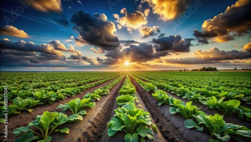 Surreal Sugar Beet Field: Organic Farming, Sunlit Shoots, Agricultural Perspective