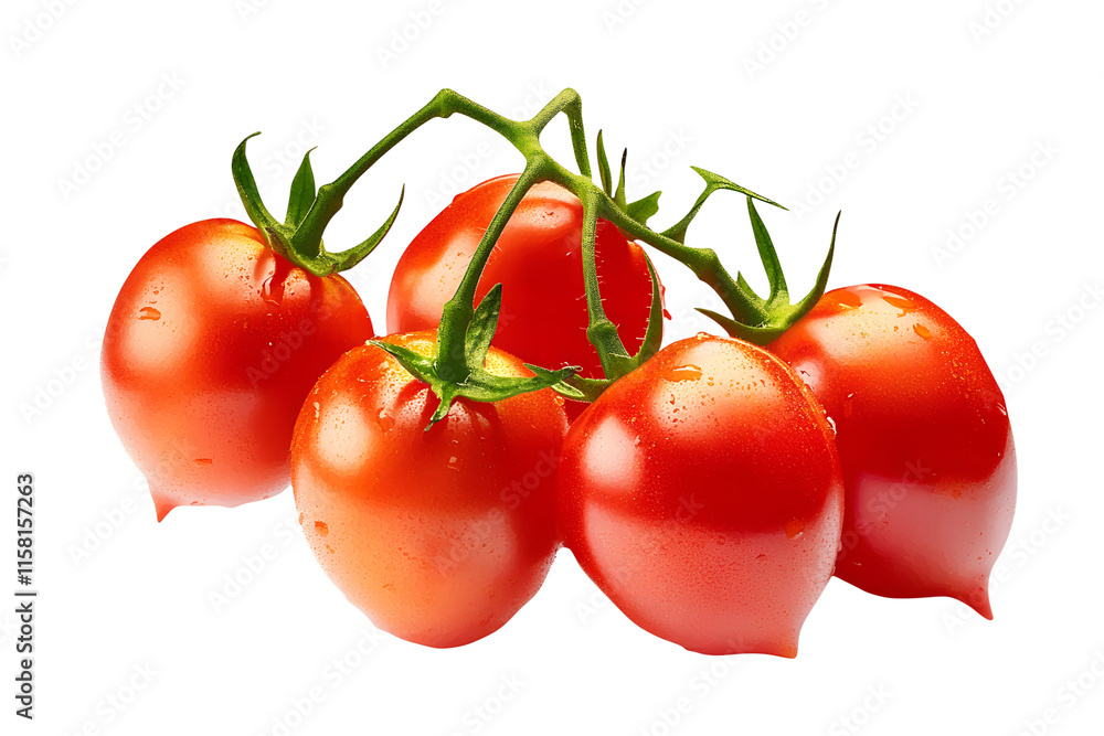 Fresh ripe tomatoes with water droplets on stems isolated on transparent background Fresh ripe tomatoes with water droplets on stems isolated on transparent background