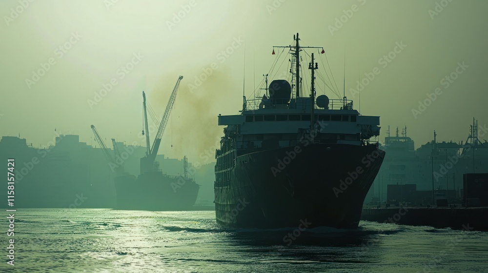 Fototapeta premium A silhouette of ships in a hazy harbor, with cranes in the background.