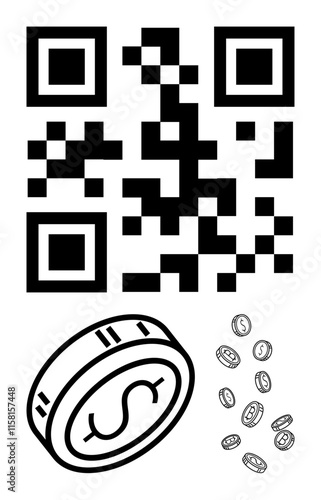Large QR code at the top with a large coin marked with a dollar sign and smaller coins below it. Ideal for finance, digital payments, online transactions, money transfers, mobile banking, ecommerce