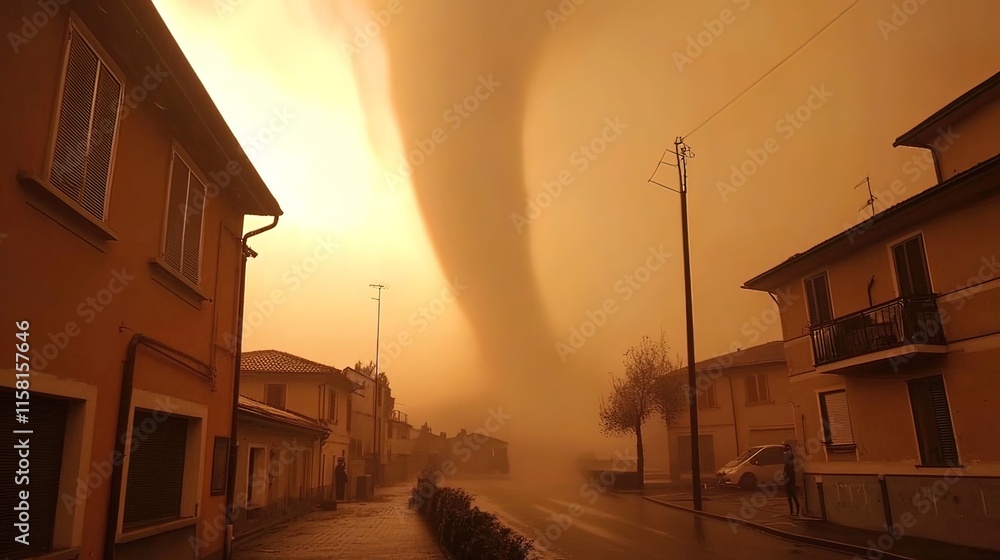 Dust devil swirling down a residential street, creating an ominous orange sky. Dust devil swirling down a residential street, creating an ominous orange sky.