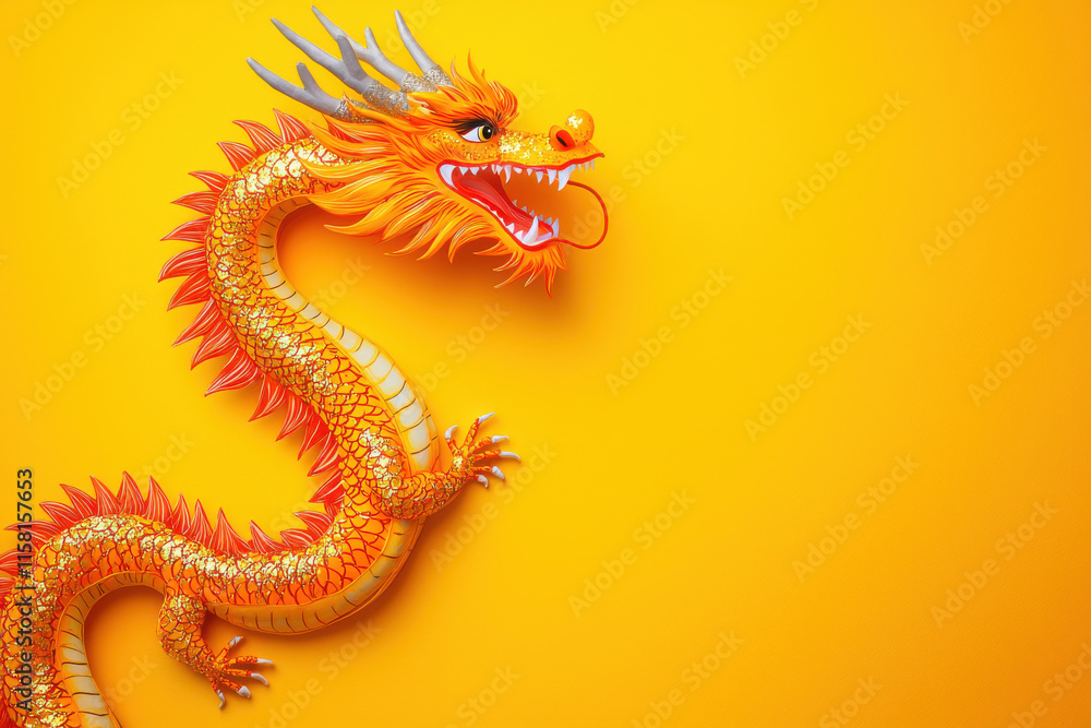 Fototapeta premium Fiery orange dragon with glittery scales on vibrant yellow background