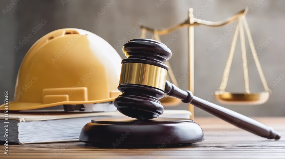 Hard Hat and Gavel on Table Signifying Fair Labor Law Judgments and Advocacy for Workers' Rights in Industrial Settings Hard Hat and Gavel on Table Signifying Fair Labor Law Judgments and Advocacy for Workers' Rights in Industrial Settings