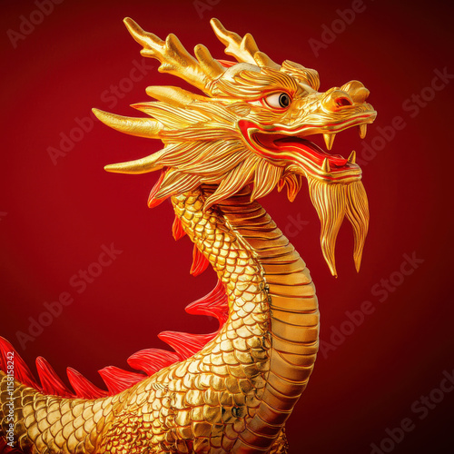 Golden dragon with metallic scales on fiery red background photo