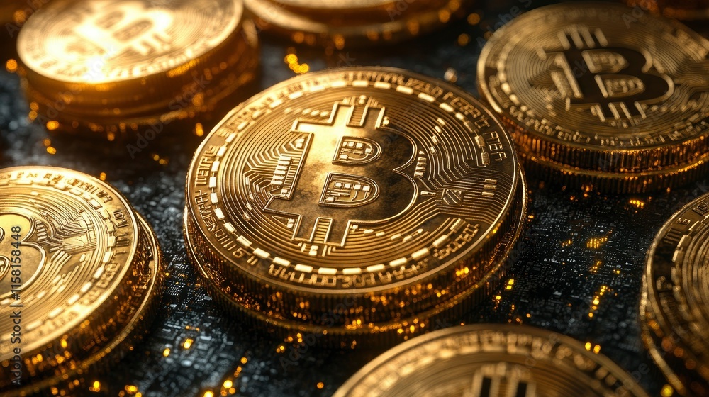 Golden Bitcoin Cryptocurrency Coins Close-Up Golden Bitcoin Cryptocurrency Coins Close-Up