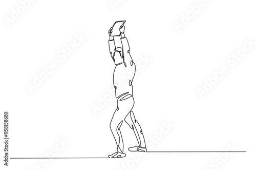 Man holding and lifting empty boards in continuous one line drawing. protesters lifting empty boards in single line art illustration. Editable vector.