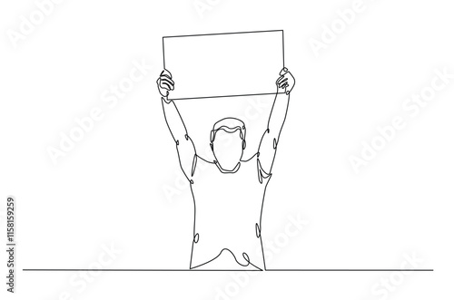 Man holding and lifting empty boards in continuous one line drawing. protesters lifting empty boards in single line art illustration. Editable vector.