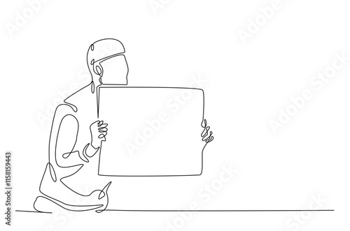 Man holding and lifting empty boards in continuous one line drawing. protesters lifting empty boards in single line art illustration. Editable vector.