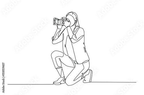 Photographer holding camera in continuous one line drawing. Single line art illustration of woman hold camera. Hobby and photographer's day concept. Editable vector.