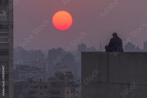 A dramatic shot of an imam calling the adhan (call to prayer) at sunset, signaling the time for iftar