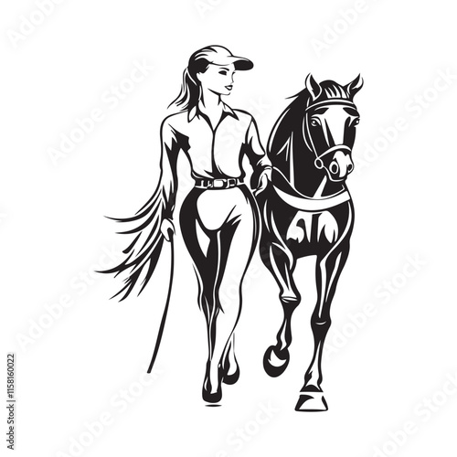 Confident Woman Leading a Sleek Racehorse in Vector Art  isolated on white background.