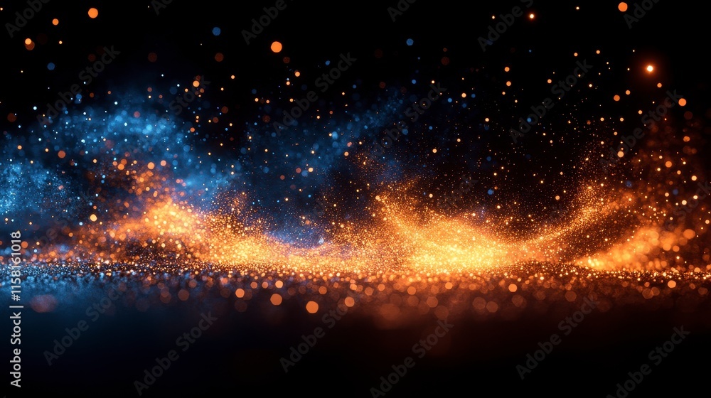 Abstract glowing particles, blue and orange, dark background. Abstract glowing particles, blue and orange, dark background.