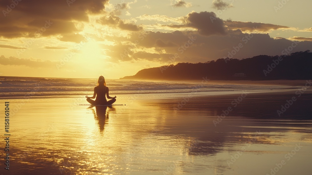 Fototapeta premium A person meditating on the beach at sunset, reflecting tranquility and mindfulness.