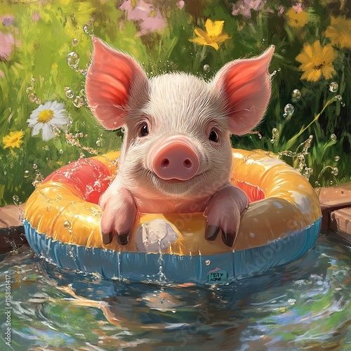 Happy piglet in a pool float. photo