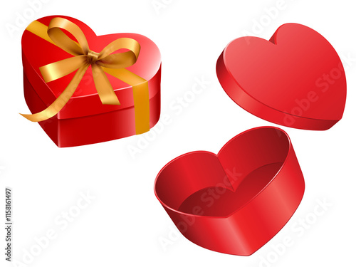 Red heart 3d shaped gift box with ribbon and bow on transparent background cutout