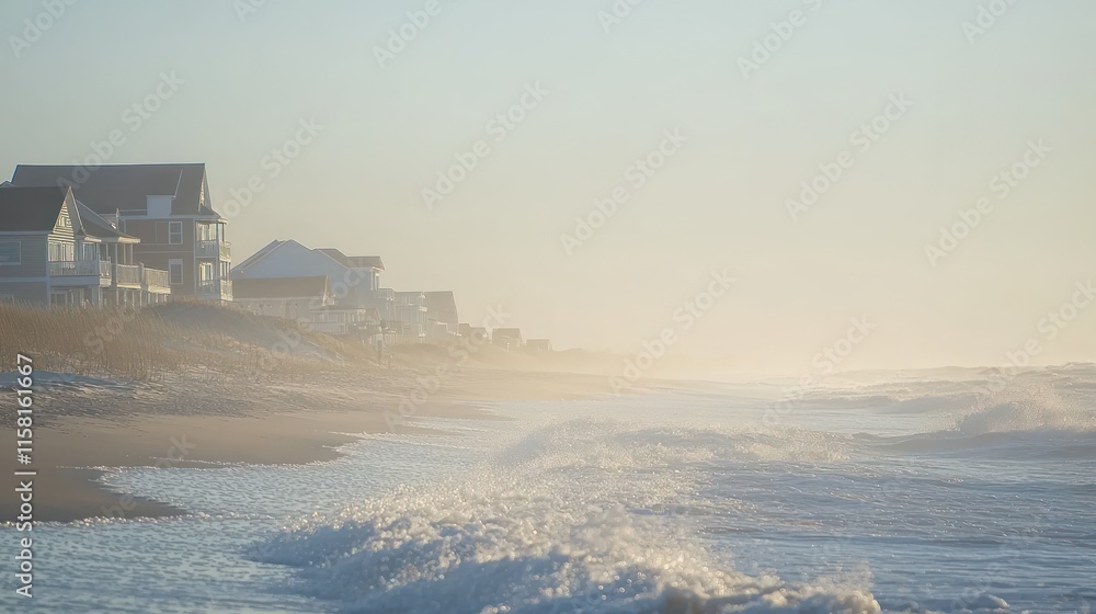 A serene beach scene with gentle waves and distant houses shrouded in mist. A serene beach scene with gentle waves and distant houses shrouded in mist.