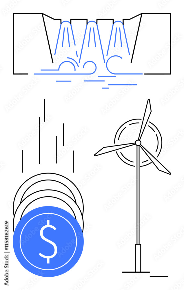 Hydropower dam with water flow, wind turbine generating energy, falling coins with dollar sign. Ideal for renewable energy, finance, investment, sustainability, environment, innovation clean Hydropower dam with water flow, wind turbine generating energy, falling coins with dollar sign. Ideal for renewable energy, finance, investment, sustainability, environment, innovation clean
