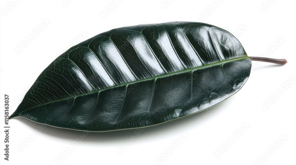 A large, glossy green leaf with prominent veins and a smooth surface. A large, glossy green leaf with prominent veins and a smooth surface.