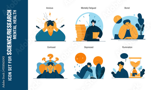 Icon set showing mental health challenges of modern living