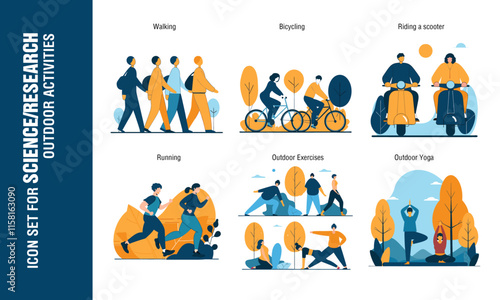 Icon set for outdoor activities, walking, biking, scooting, jogging, running, yoga