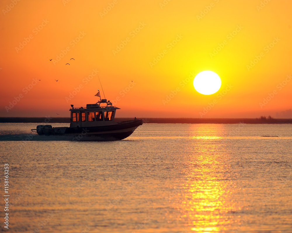 Fototapeta premium Boating at Sunrise on the Lake