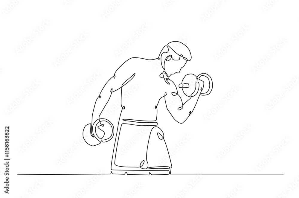 Obraz premium Man workout using barbell continuous one line drawing. Cardio and lifting exercises single line art illustration. Editable vector.