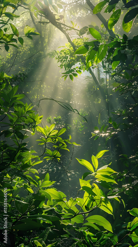 Obraz premium A Tranquil Forest Morning: The Calming Effect of Sunlight Through Dense Foliage