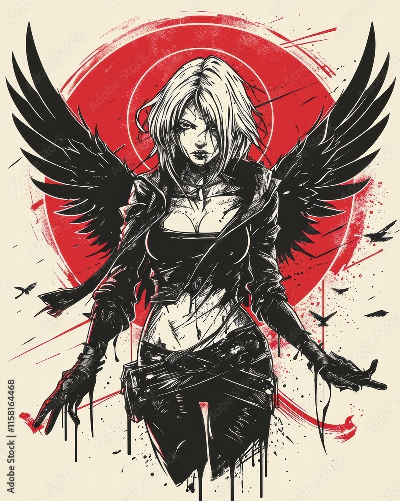 Dark angel woman, black wings, red grunge background. Powerful female illustration for fantasy, gothic, or dark art projects. Dark angel woman, black wings, red grunge background. Powerful female illustration for fantasy, gothic, or dark art projects.