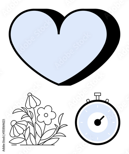 Heart in light blue stopwatch and flowers. Ideal for romance, nature, timing, motivation, life, growth, and balance. Line metaphor