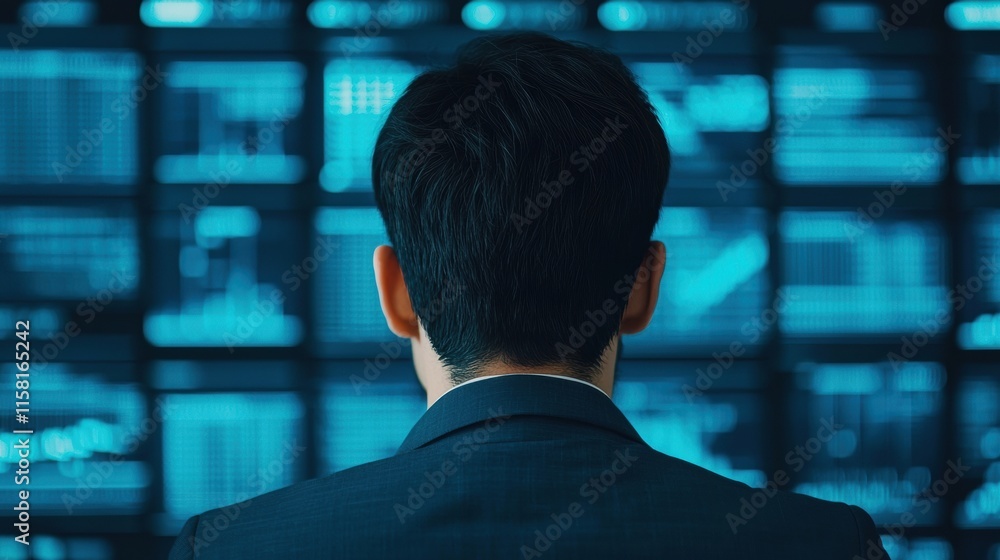 Businessman analyzing data on multiple screens in futuristic control room Businessman analyzing data on multiple screens in futuristic control room