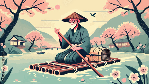 An old man riding a raft in typical Japanese worker clothing, on the river with cherry trees on the edge, low angle 