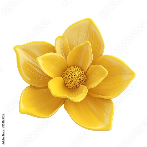 A yellow flower made of clay material, featuring smooth lines and a simple design, presented in 3D rendering, isolated on a pure white background.