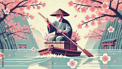 An old man riding a raft in typical Japanese worker clothing, on the river with cherry trees on the edge, low angle 
