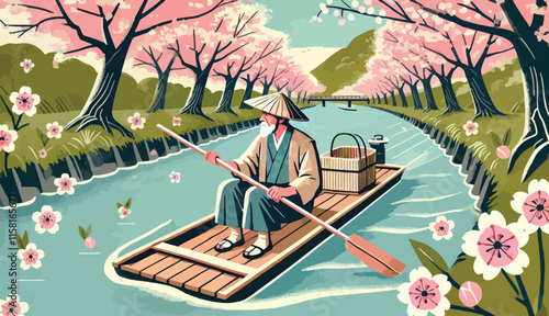 An old man riding a raft in typical Japanese worker clothing, on the river with cherry trees on the edge, low angle 