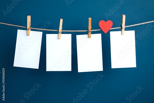 blank photos hanging on clothesline with heart clothespins over dark blue background photo